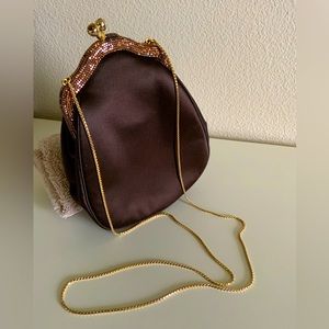 Judith Leiber Brown Satin Swarovski Crystals Evening Bag